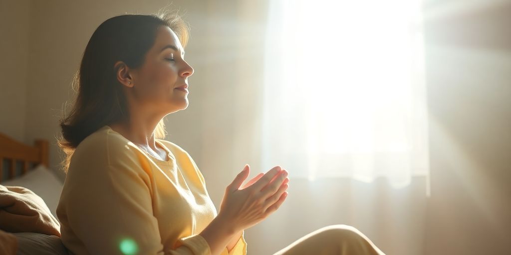 Mom praying peacefully, sunrise through window.