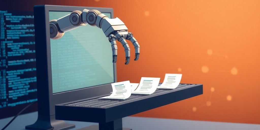 Robot arms sorting job applications on screens.