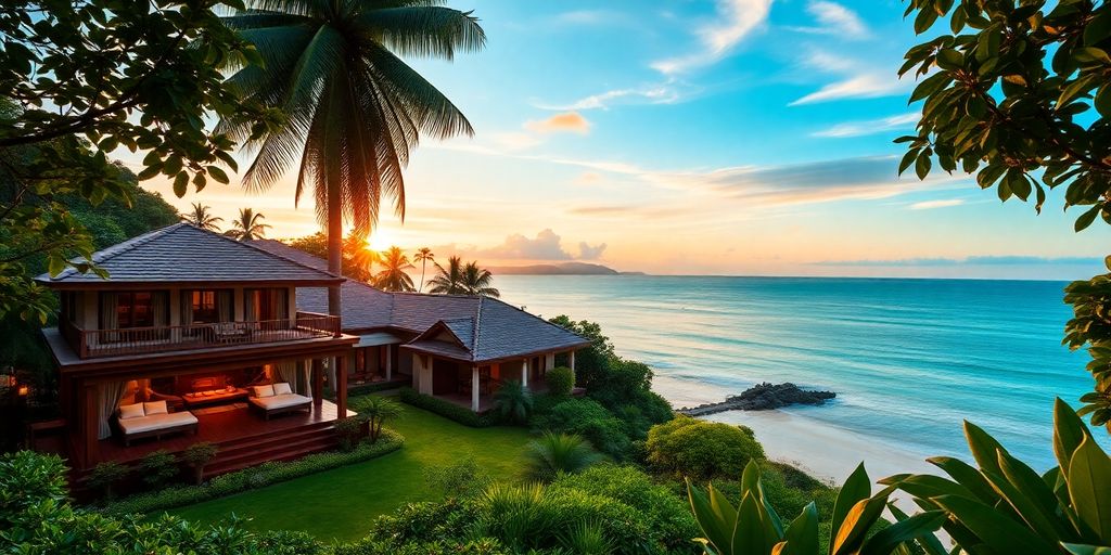 Beachfront villas in Bophut with stunning sunset view.