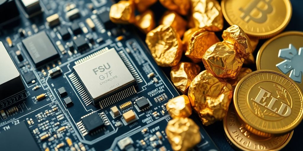 Composants électroniques et doigts tenant de l'or pur.