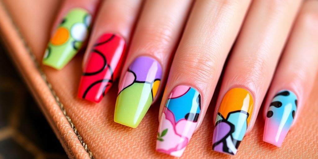 Colorful press-on nails arranged artistically on a table.