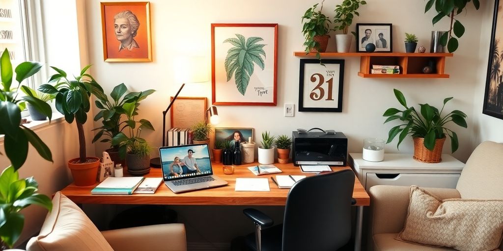Cozy personalized workspace with plants and decor.