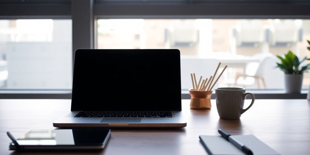 Professional workspace with laptop and coffee cup.