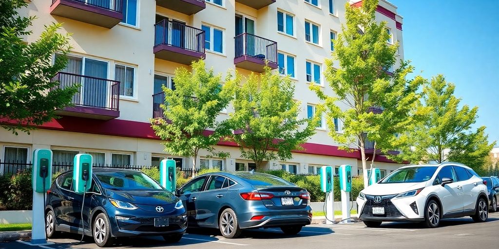 Electric vehicles parked by charging stations at an apartment building.
