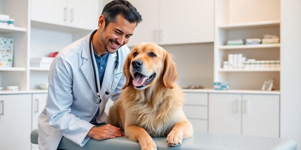 Veterinarian kneeling beside golden retriever in clinic wearing AAVSB patch