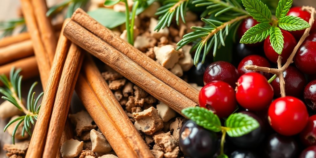 Fresh ingredients of GlucoTrust including herbs and berries.