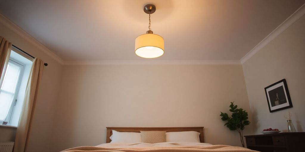 Cozy bedroom with a stylish ceiling light illuminating the space.
