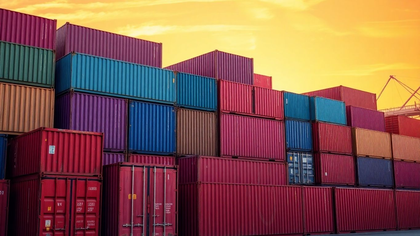 Stack of colorful shipping containers at sunset.
