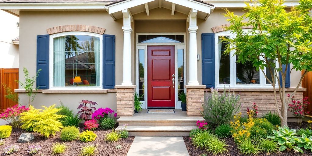 Modern home exterior with vibrant landscaping and design.