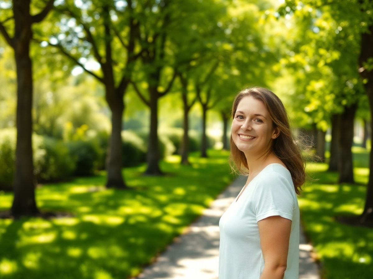 Femeie zâmbind în timp ce merge pe jos în parc.