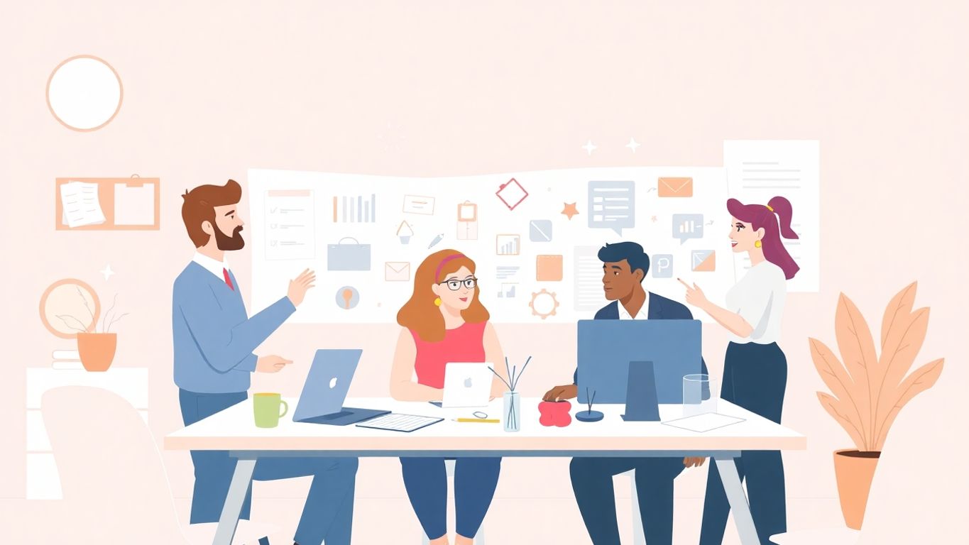 Illustrasjon av samarbeid i en moderne arbeidsplass.