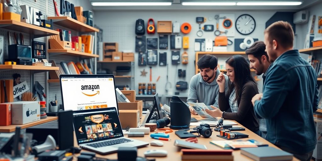 Diverse Amazon products in a dynamic workspace setting.