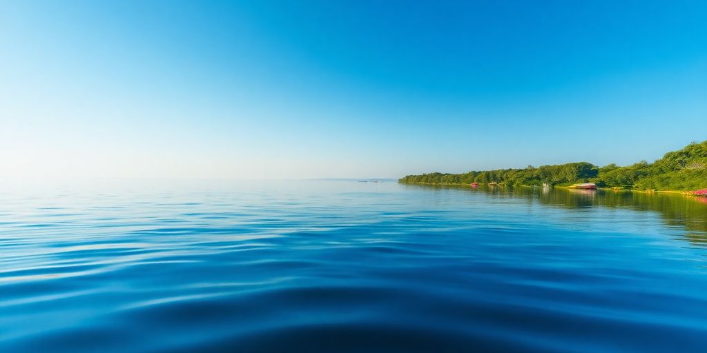 Calm water reflecting a blue sky and greenery.