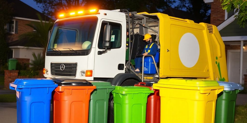 Clean garbage truck collecting sorted waste bins.