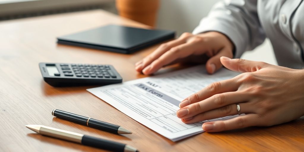 UK tax forms, calculator, and a pen on a desk.