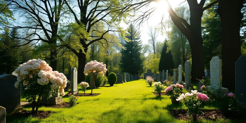 Peaceful cemetery with flowers and sunlight filtering through trees.