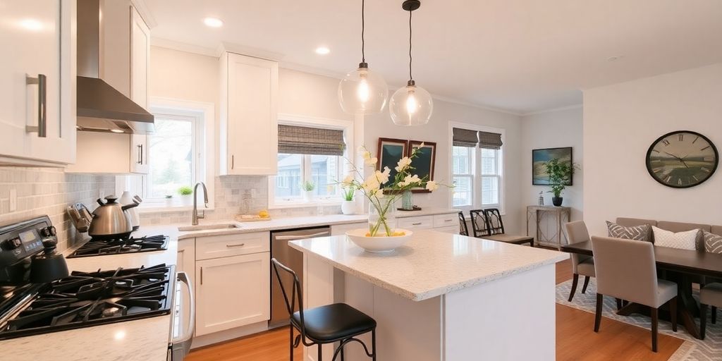 Modern kitchen with elegant decor and bright lighting.