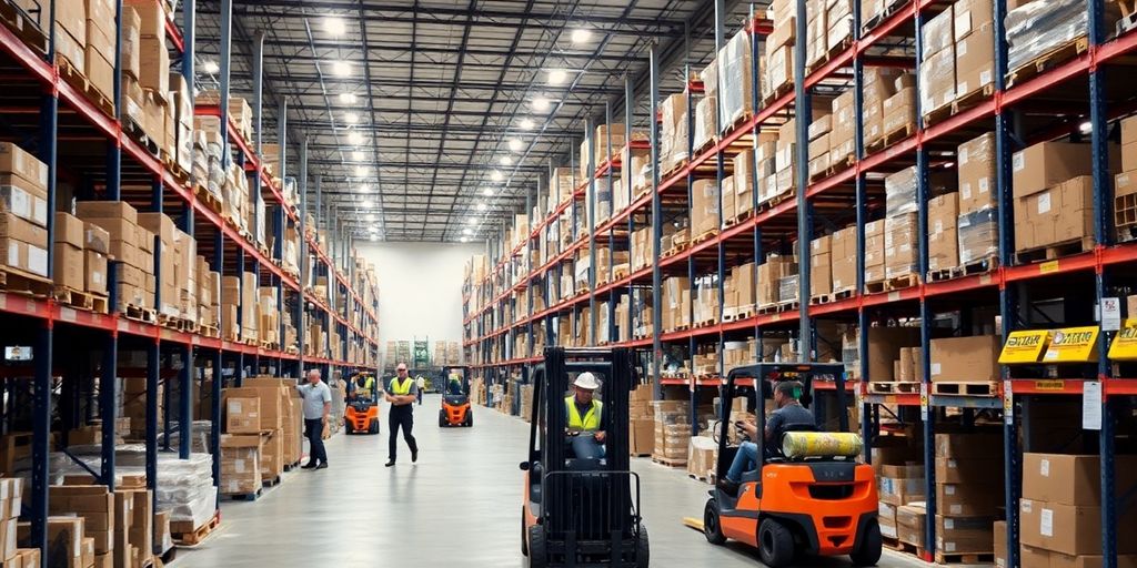 Warehouse workers managing inventory with organized shelves.