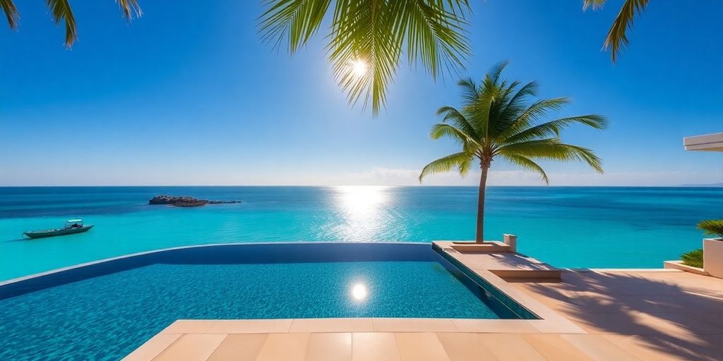 Luxury villa overlooking Phuket beach, clear skies.