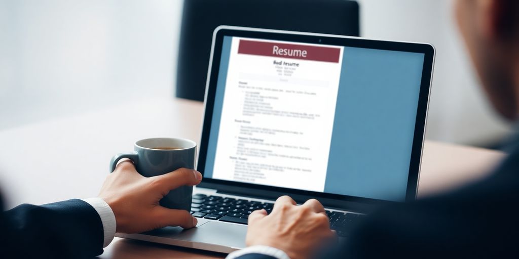 Person reviewing resume on laptop with coffee.