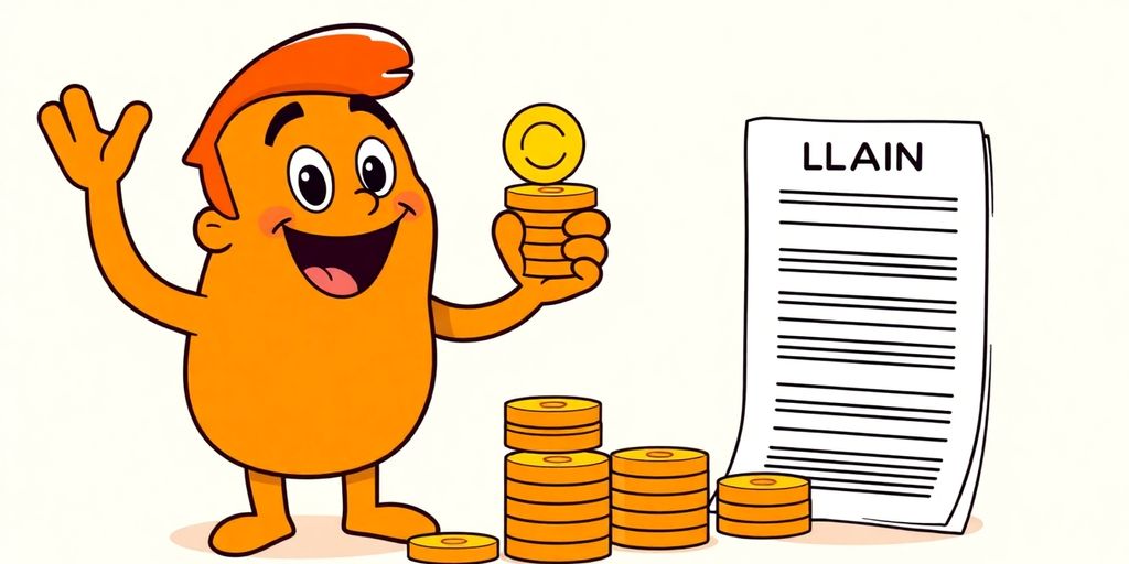 Cartoon hands holding bright coins and a loan document.