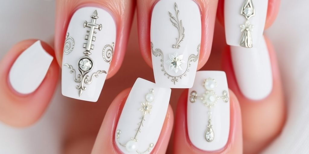 Unhas brancas decoradas com designs sofisticados e criativos.