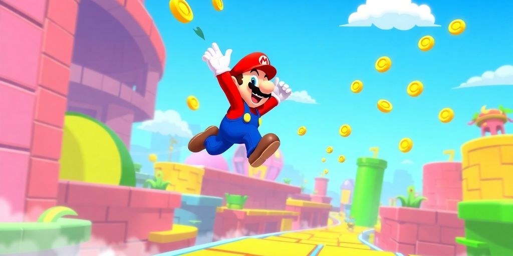Mario jumping through a colorful game world.