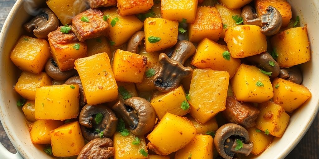 Hartig aardappelgerecht met champignons en vlees in ovenschaal.