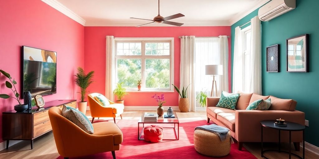 Colorful living room with creative paint ideas.