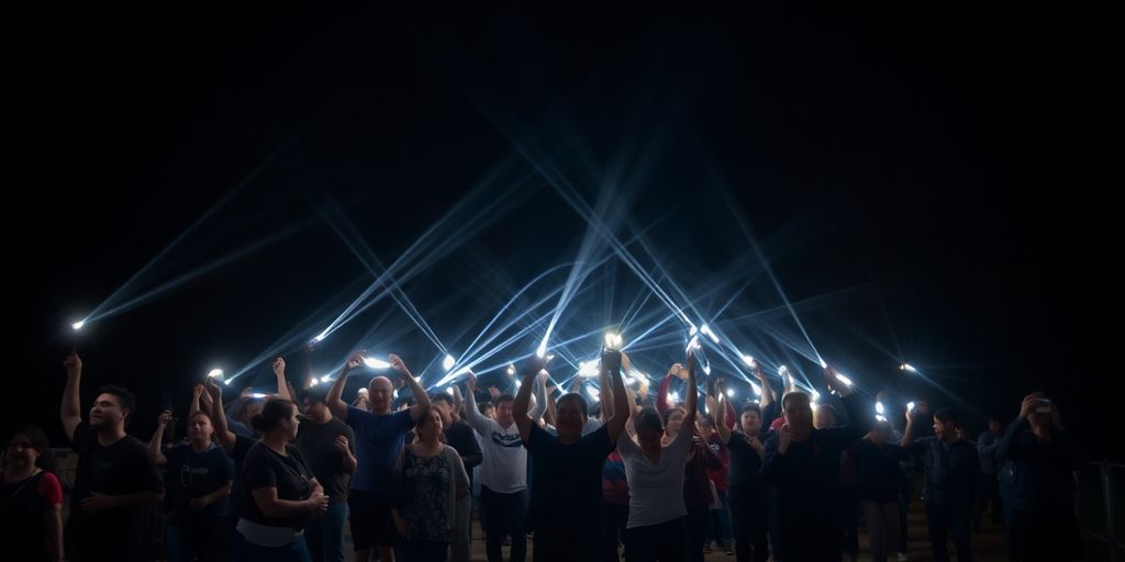 People walking in a glowing procession.