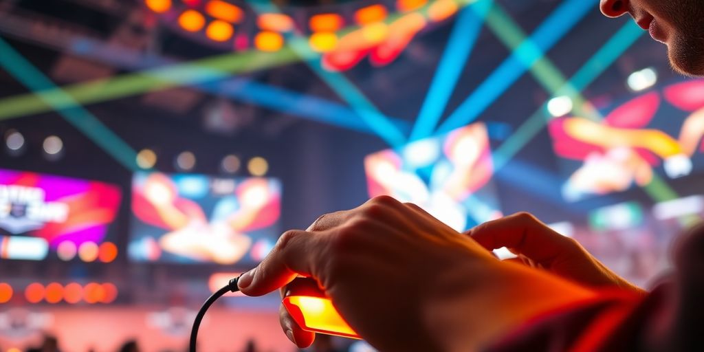 Gamers competing, vibrant digital arena, glowing joysticks, intense focus.