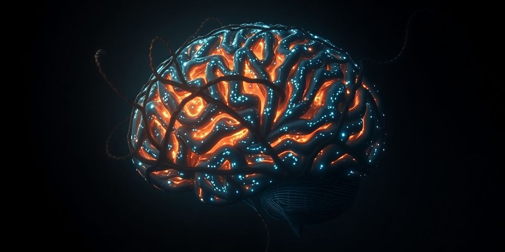 Futuristic AI brain glowing menacingly with dark tendrils.