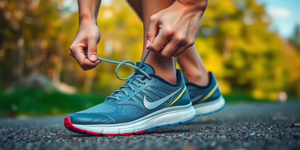 Runner tying shoelaces on high-quality running shoes.