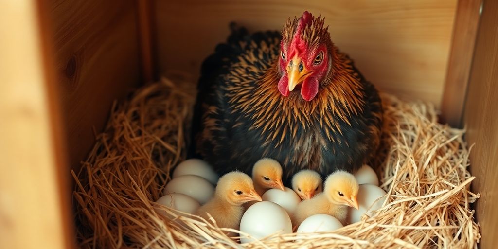 Broody hen with chicks in a cozy nesting box.