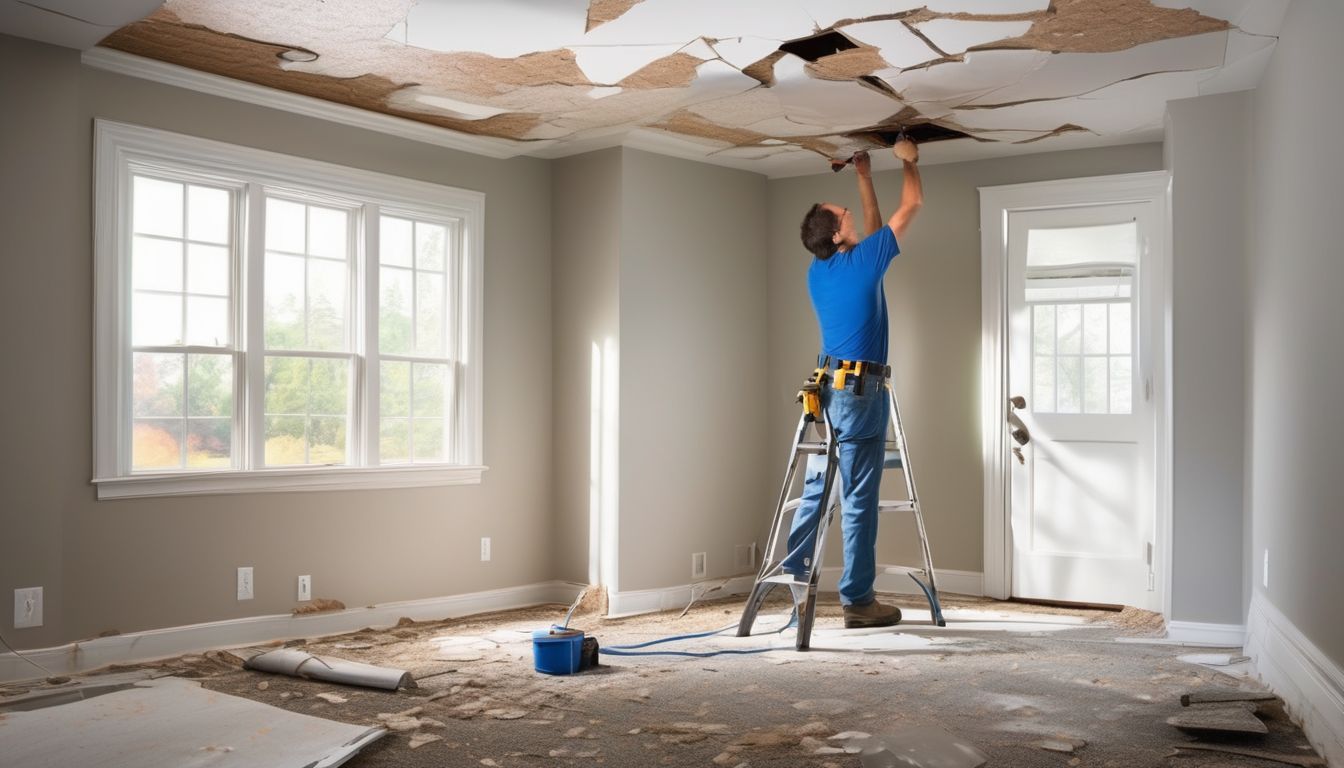 homeowner fixing ceiling cracks in a house