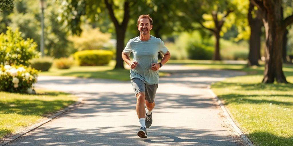 Person walking outdoors, looking focused and happy.