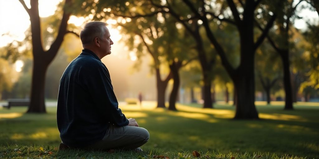 Adult alone in a tranquil park, reflecting on solitude.