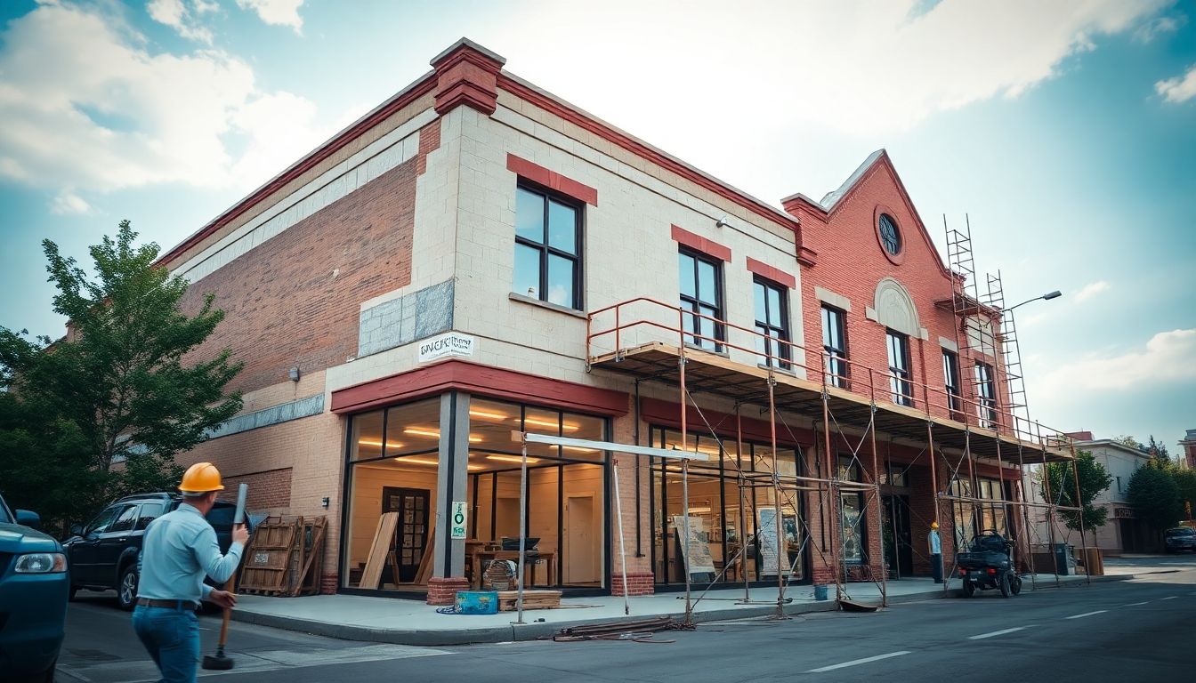 Renovation of a commercial property with scaffolding and workers.