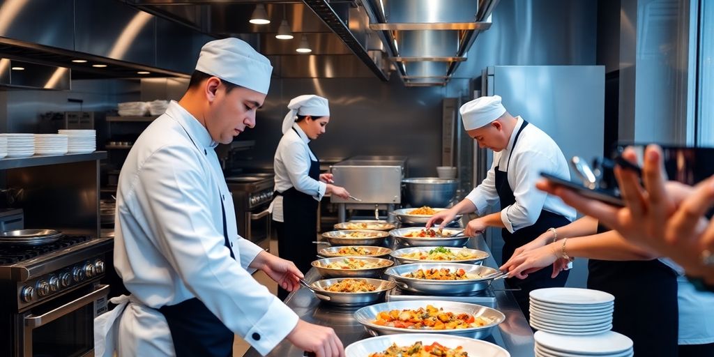 Georganiseerde cateringkeuken met efficiënte werknemers