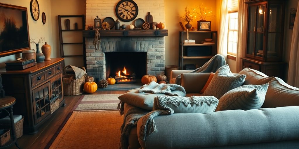 Cozy autumn living room with vintage rustic decor.