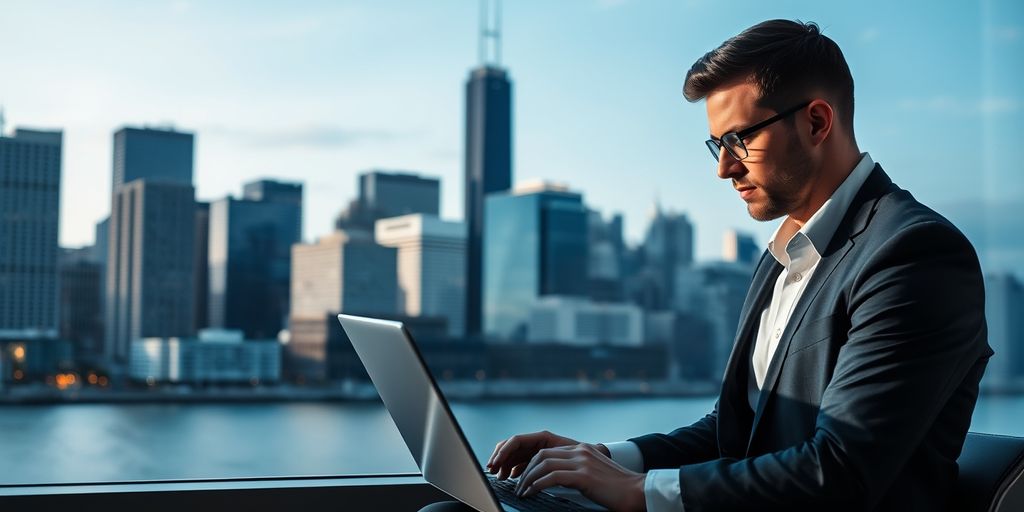 Professional on laptop with Chicago skyline
