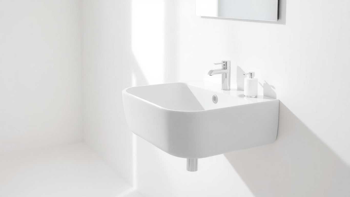 Minimalist white wall mounted sink in modern bathroom.