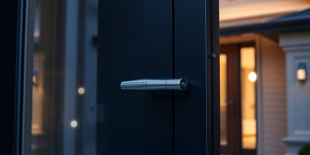 Modern door, secure lock, fortified home entrance.