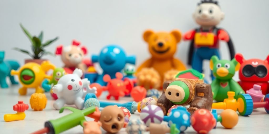 Colorful toy collection, various sizes, bright lighting.