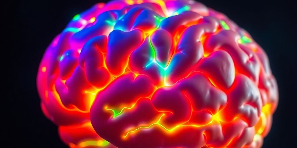 Colorful brain with glowing dopamine pathways.