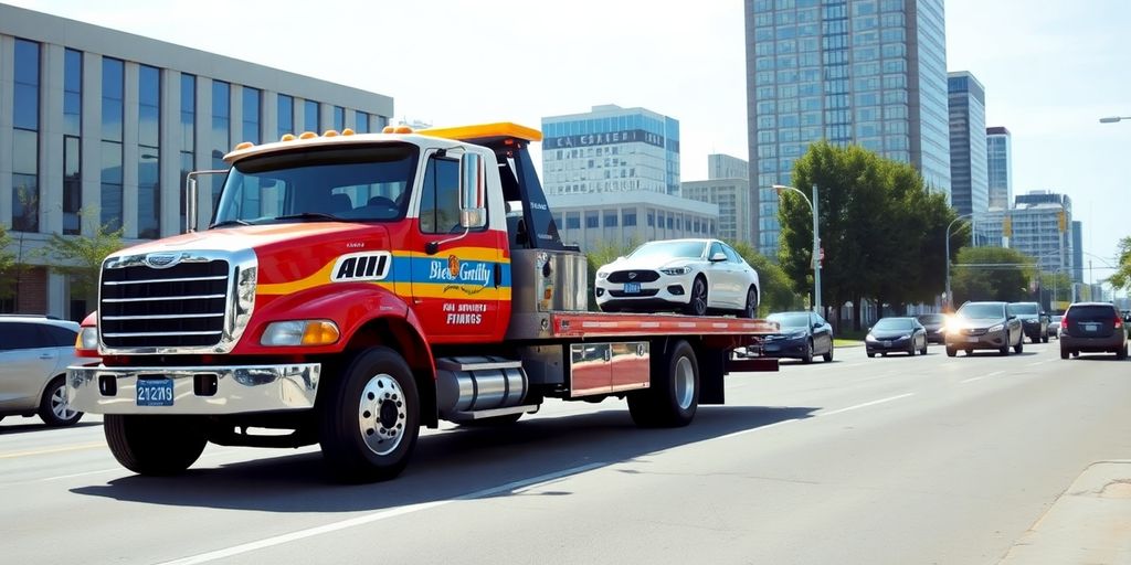 A tow truck on a city street in Winnipeg.
