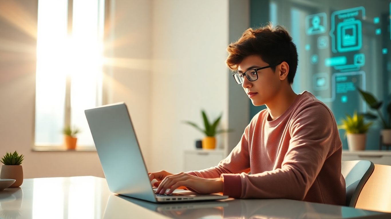 Young entrepreneur working on laptop with digital glow.