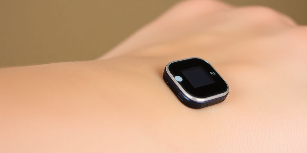 Continuous glucose monitor device on an arm.