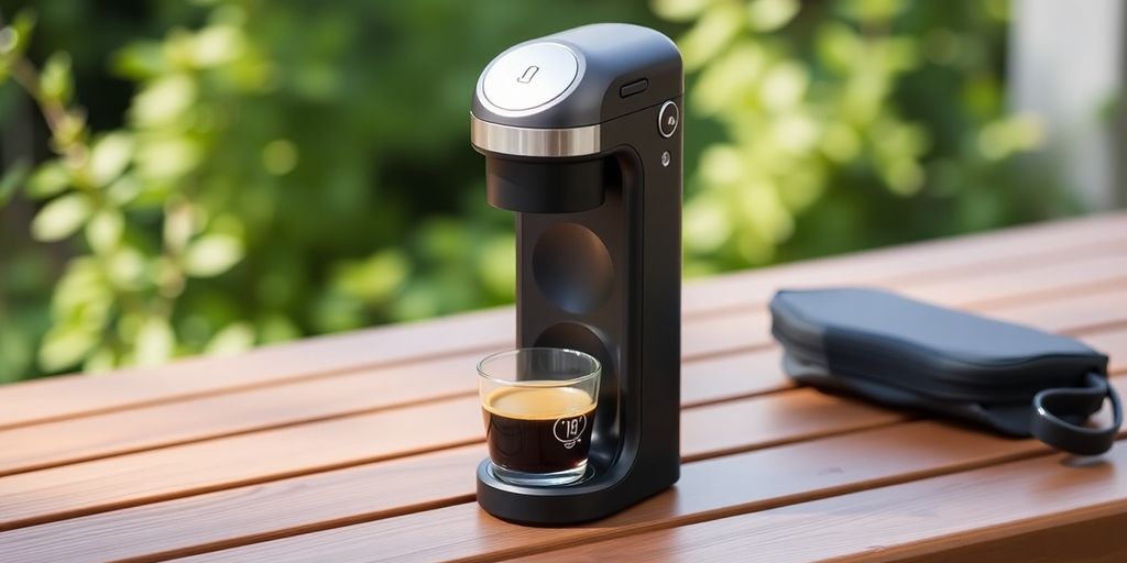 Portable espresso maker on a table with coffee cup.