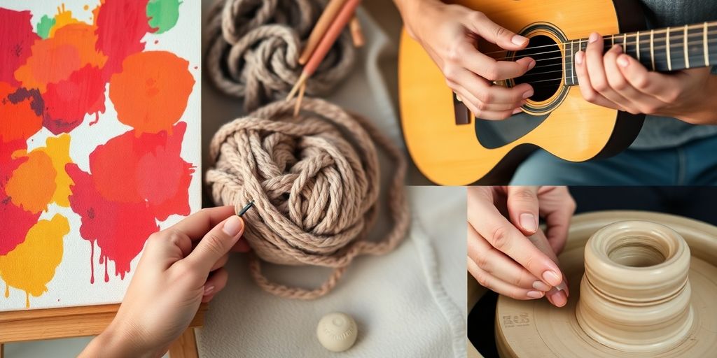 Relaxing, painting, knitting, playing music, pottery, close-up.